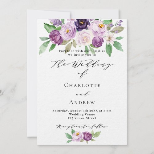 Violet pink purple florals luxury wedding invitation