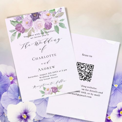Violet pink purple flowers roses QR RSVP wedding Invitation