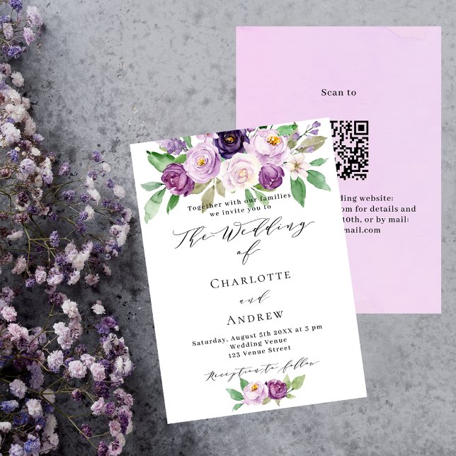 Violet pink purple flowers roses QR RSVP wedding Invitation (Creator Uploaded)