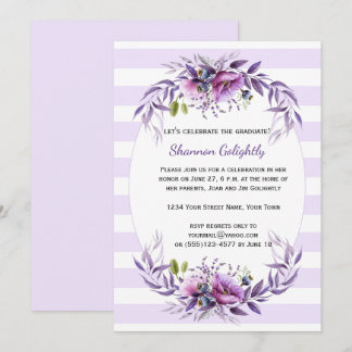 Violet Pink Purple Flowers Stripes Grad Party Invitation