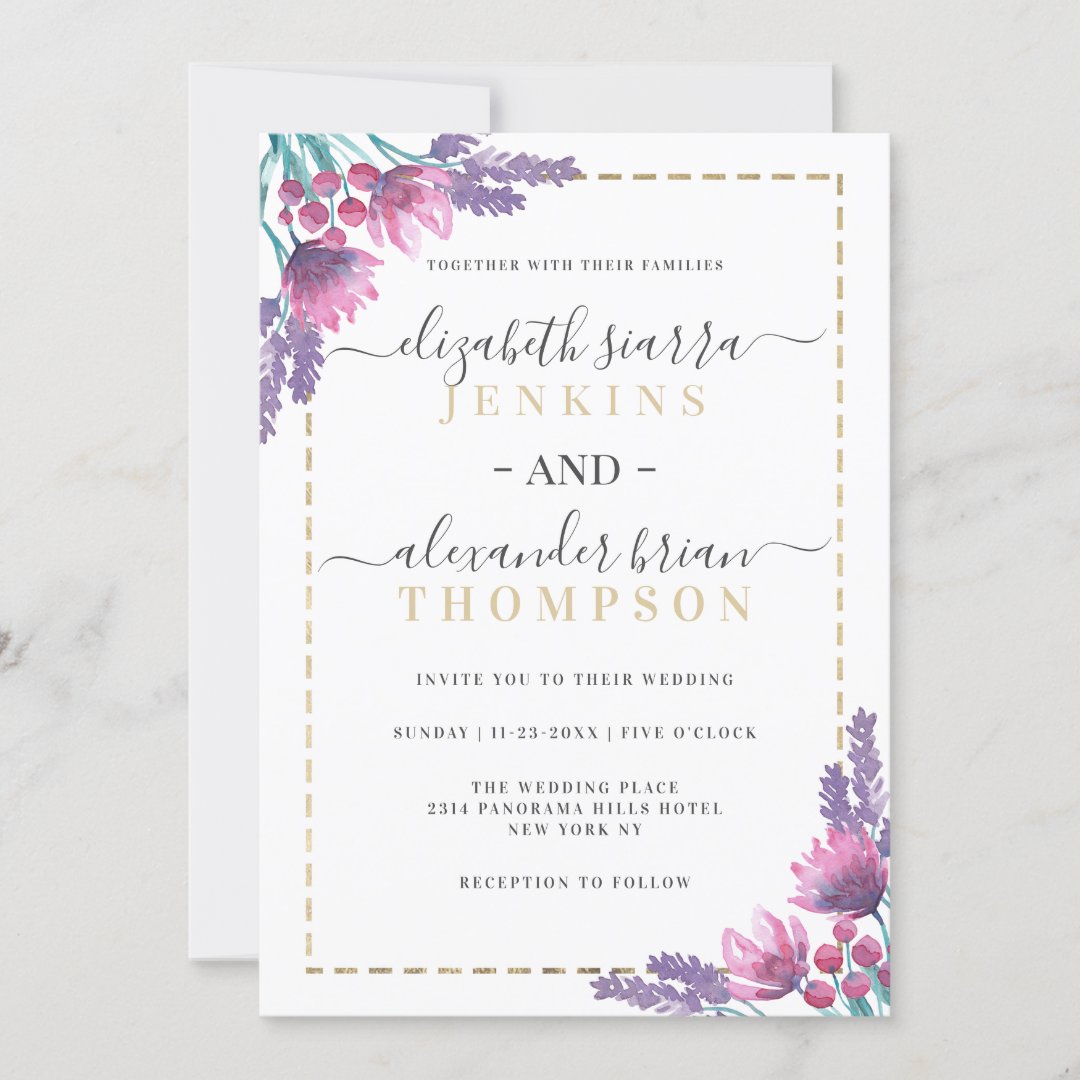 Violet pink purple gold floral calligraphy wedding invitation | Zazzle