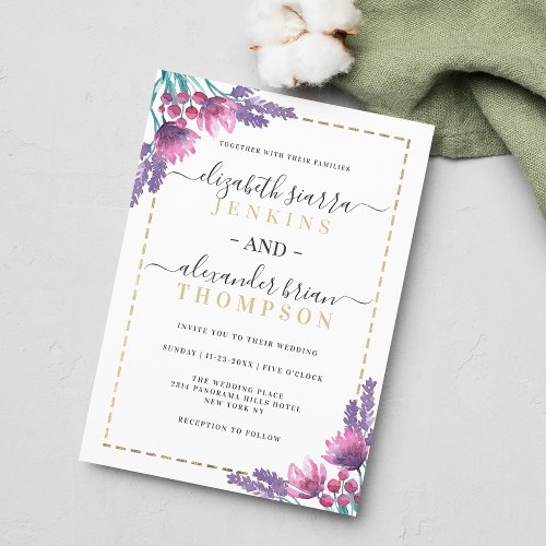 Violet pink purple gold floral calligraphy wedding invitation