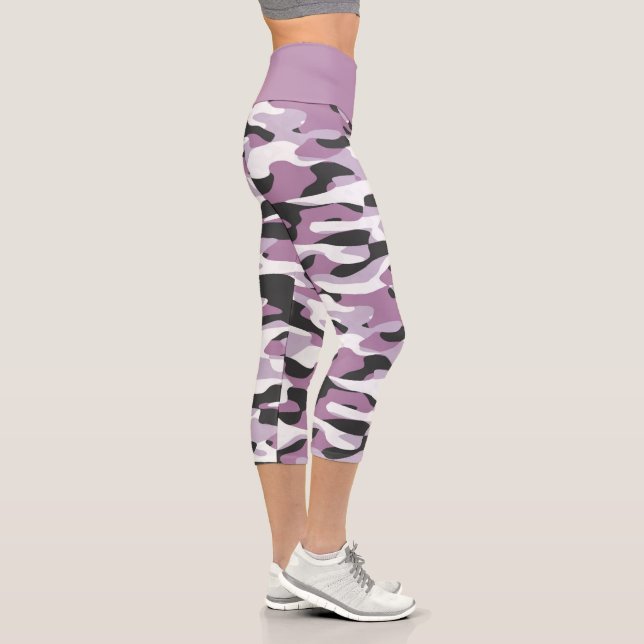 Violet Pink Purple Gray White Camouflage Pattern Capri Leggings (Right)