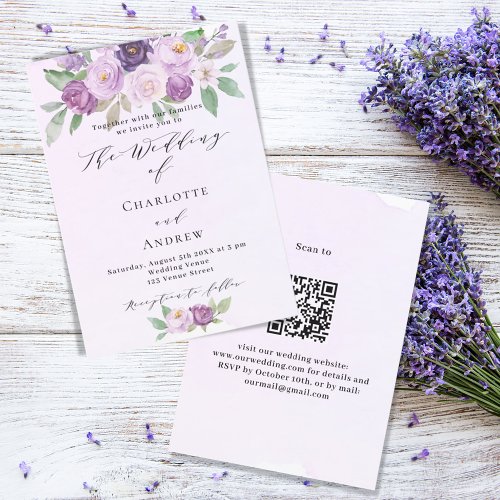 Violet pink purple roses QR RSVP luxury wedding Invitation
