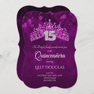 Violet, Pink Quinceanera with Tiara Invitation