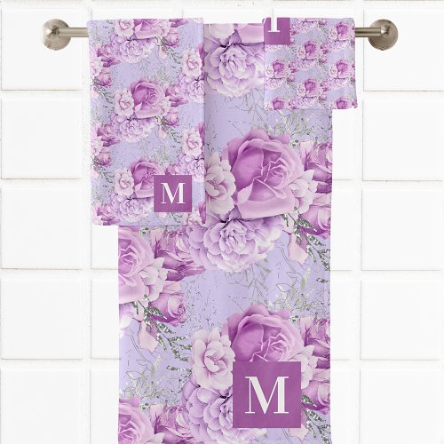 Violet pink roses flowers monogram bath towel set