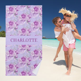 Violet pink roses flowers name beach towel