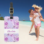 Violet pink roses flowers white name luggage tag<br><div class="desc">A violet background decorated with pink roses,  flowers.  Personalize and add a name. Your contact information on the back.</div>