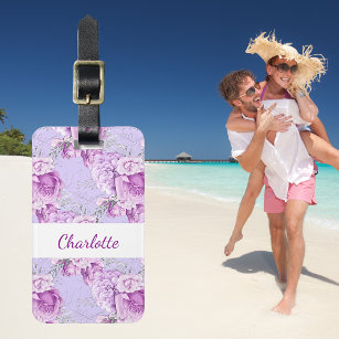 Violet pink roses flowers white name luggage tag