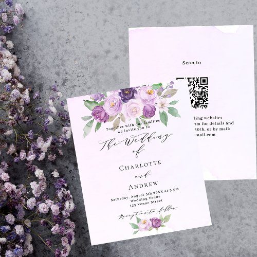 Violet pink roses QR budget wedding invitation