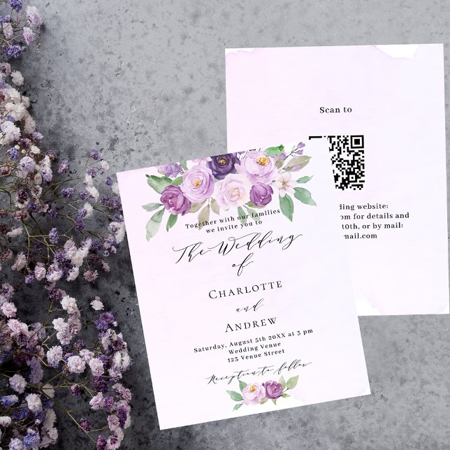 Violet pink roses QR budget wedding invitation (Creator Uploaded)