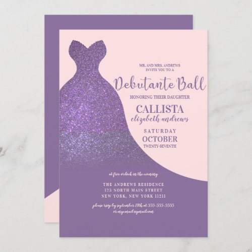 Violet Pink Sparkly Glitter Dress Debutante Dance Invitation