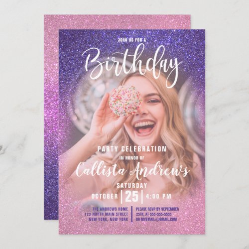 Violet Pink Triple Glitter Ombre Photo Birthday Invitation