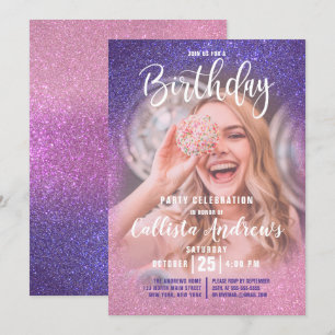 Violet Pink Triple Glitter Ombre Photo Birthday Invitation