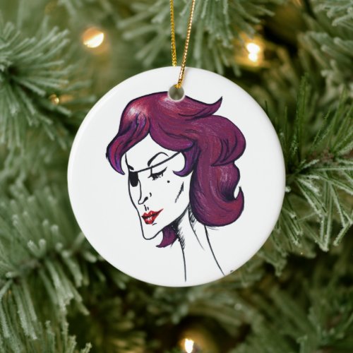 Violet Pirate Lady Purple Hair Woman Drawing Art Ceramic Ornament