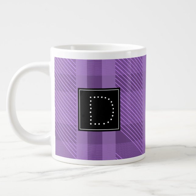 Violet Plaid Striped Pattern Monogram Giant Coffee Mug (Left)
