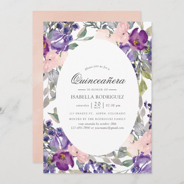 Violet, Plum and Blush Floral Quinceañera Invitation (Front/Back)