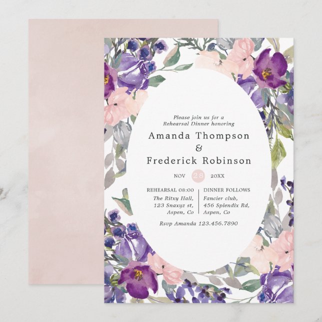 Violet, Plum and Blush Floral Rehearsal Dinner Invitation (Front/Back)