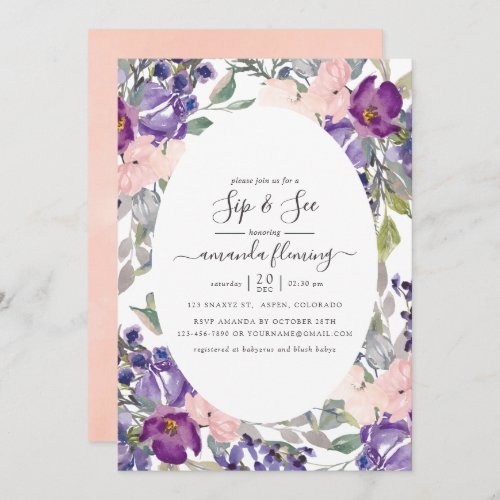 Violet Plum and Blush Floral Sip and See Invitation