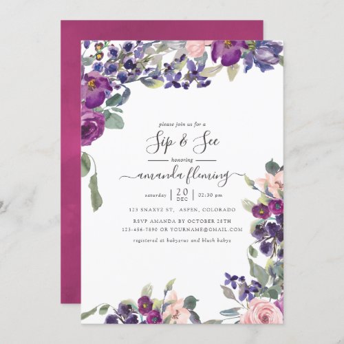 Violet Plum and Blush Floral Sip and See Invitation