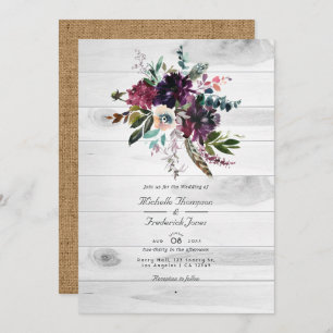 Violet Plum Floral Rustic QR Code Bohemian Wedding Invitation