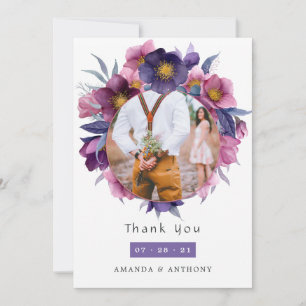 Violet Plum Watercolor Floral Wedding Collage Thank You Card