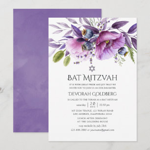 Violet Poppy Floral Bat Mitzvah Invitation