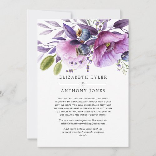 Violet Poppy Floral Wedding Reduced Guest List Announcement