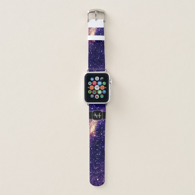Violet purple abstract galaxy Custom Monogram Apple Watch Band (Front)