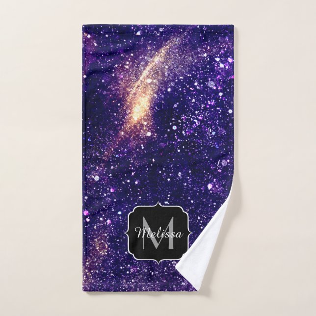 Violet purple abstract galaxy Custom Monogram Bath Towel Set (Hand Towel)