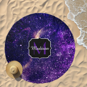 Violet purple abstract galaxy Custom Monogram Beach Towel