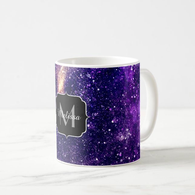 Violet purple abstract galaxy Custom Monogram Coffee Mug (Front Right)