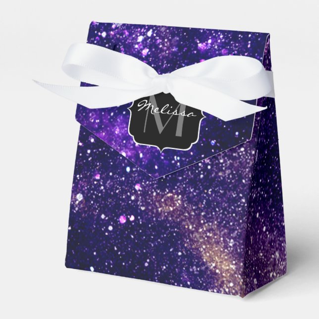 Violet purple abstract galaxy Custom Monogram Favor Boxes (Front Side)