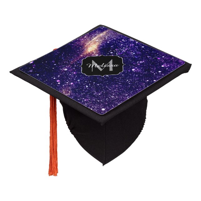 Violet purple abstract galaxy Custom Monogram Graduation Cap Topper (Angled)