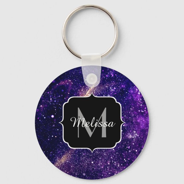 Violet purple abstract galaxy Custom Monogram Keychain (Front)
