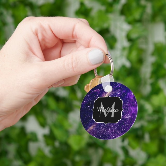 Violet purple abstract galaxy Custom Monogram Keychain (Hand)