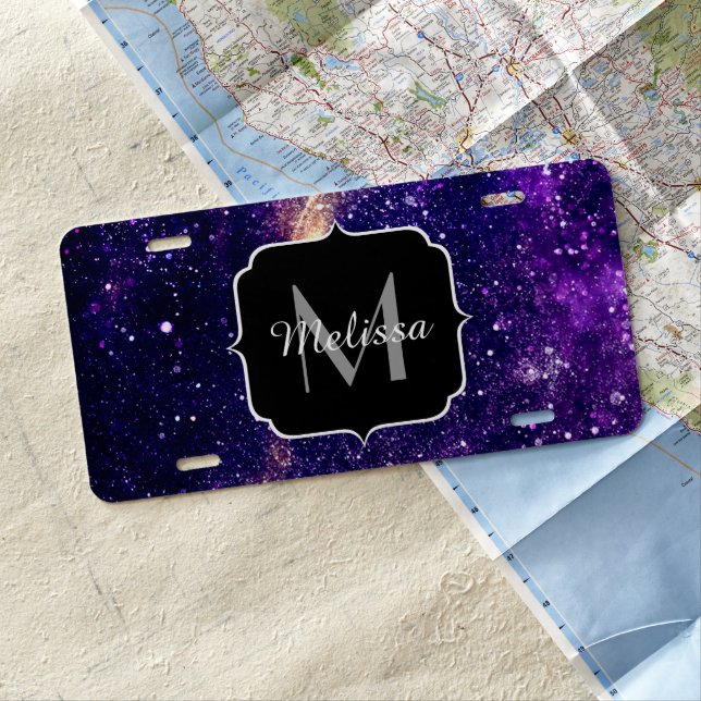 Violet purple abstract galaxy Custom Monogram License Plate (In Situ)