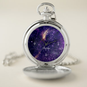 Violet purple abstract galaxy Custom Monogram Pocket Watch