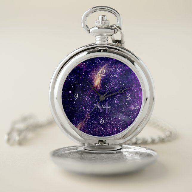 Violet purple abstract galaxy Custom Monogram Pocket Watch (Inside)