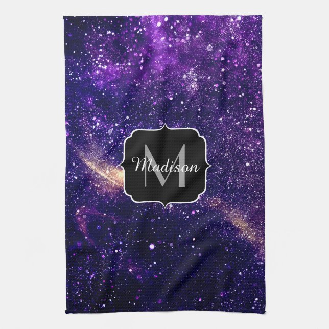 Violet purple abstract galaxy Custom Monogram Towel (Vertical)