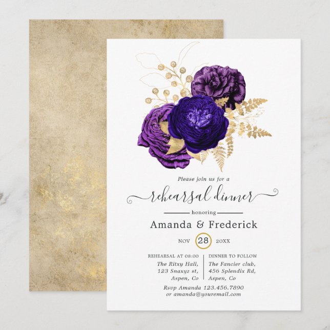 Violet, Purple and Gold Floral Rehearsal Dinner Invitation (Front/Back)
