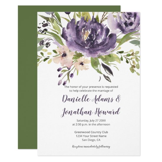 Violet Purple and Green Watercolor Floral Wedding Invitation