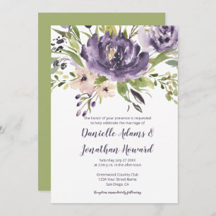 Violet Purple and Green Watercolor Floral Wedding Invitation