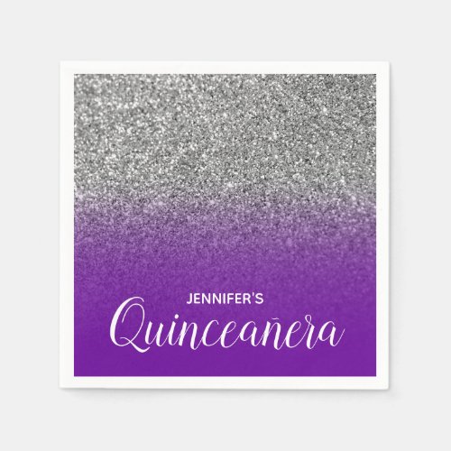 Violet Purple and Silver Glitter Ombre Quinceanera Napkins