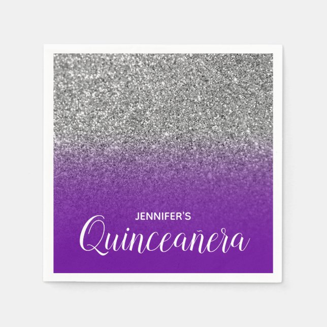 Violet Purple and Silver Glitter Ombre Quinceanera Napkins (Front)