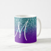 Violet Purple and Teal Ombre Glitter Monogrammed Coffee Mug (Front Right)