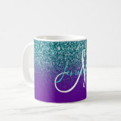 Violet Purple and Teal Ombre Glitter Monogrammed Coffee Mug (Front Left)