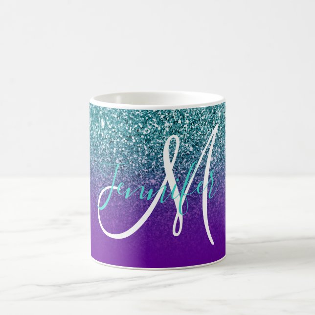 Violet Purple and Teal Ombre Glitter Monogrammed Coffee Mug (Center)