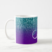 Violet Purple and Teal Ombre Glitter Monogrammed Coffee Mug (Left)