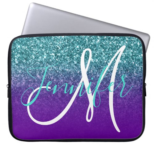 Violet Purple and Teal Ombre Glitter Monogrammed Laptop Sleeve